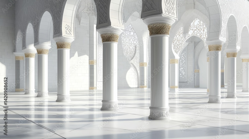 Poster white columns supporting elegant arches inside a modern mosque, with soft natural light filtering th