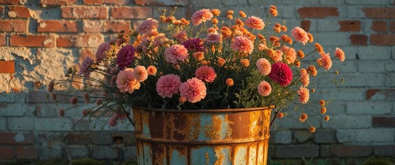 Floral composition overflowing from a vintage trash can near a rustic brick wall at golden hour.