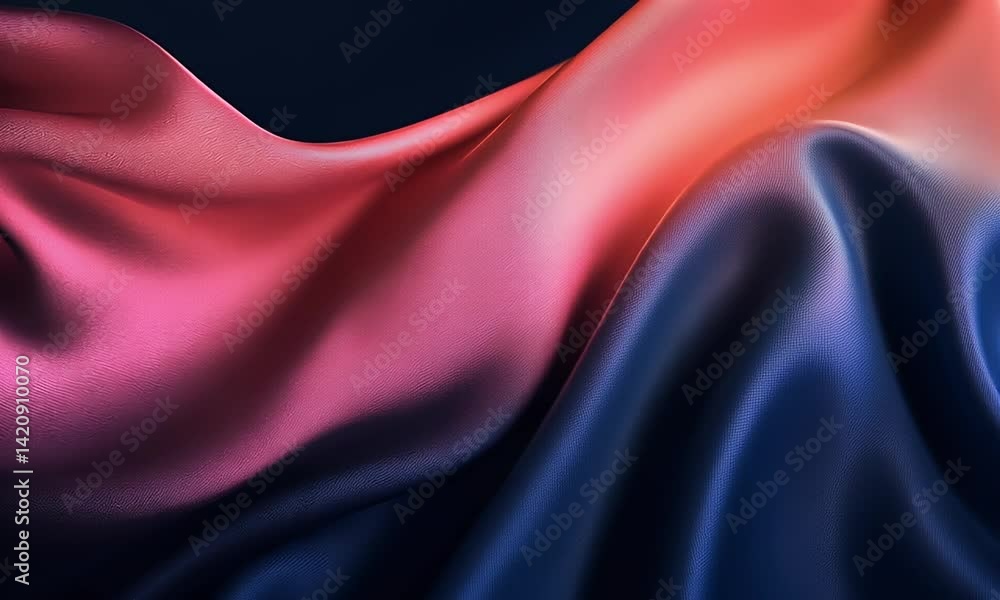 Poster 3d render of an abstract background with a red and violet gradient, silk fabric in motion, a dark bl