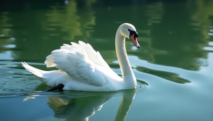 Fototapeta premium Graceful white swan glides on calm lake water, summer, nature photography, bird