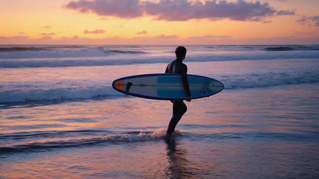 Surfer walking with surfboard at sunset beach