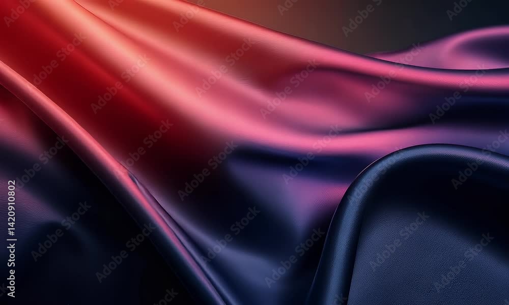 Poster 3d render of an abstract background with a red and violet gradient, silk fabric in motion, a dark bl