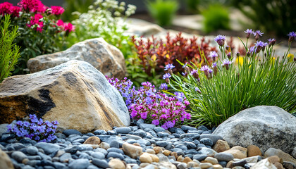 Colorful Flowers and Rocks in a Garden Setting