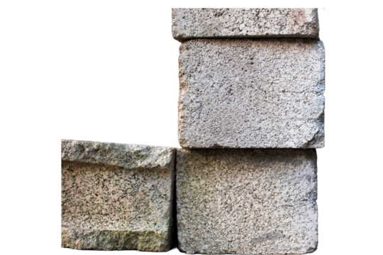 Three concrete blocks stacked neatly, with rough gray textures. Two blocks are horizontal on the bottom, while a vertical block is placed on the top right. The scene highlights industrial practicality