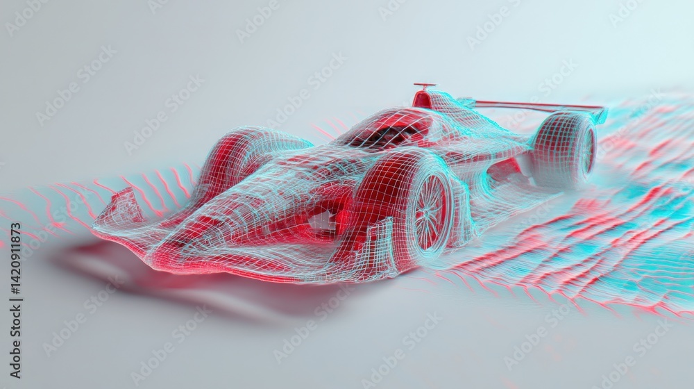 Fototapete Wireframe Racing Car Model in Motion with Speed Lines and Effects
