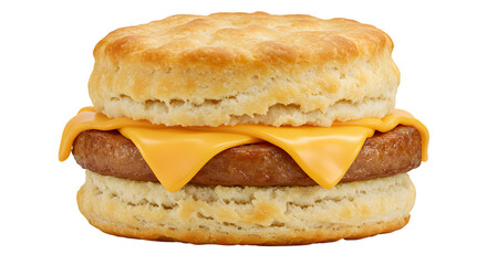 Delicious Sausage and Cheese Biscuit Sandwich A Close-Up Studio Shot of a Buttery Biscuit Filled with Melted Cheese and Savory Sausage Patty