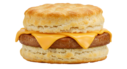 Delicious Sausage and Cheese Biscuit Sandwich A Close-Up Studio Shot of a Buttery Biscuit Filled with Melted Cheese and Savory Sausage Patty