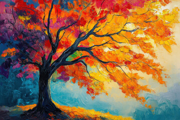 Vibrant tree painting with colorful leaves against a bright sky.