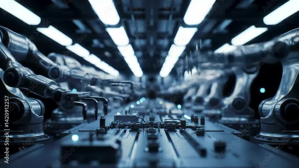 Poster high-tech manufacturing facility with robotic arms on assembly line; futuristic automation and techn