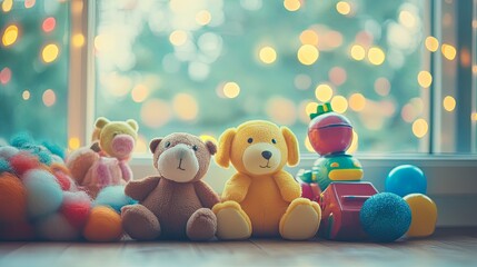 Obraz premium Colorful vintage toys on wooden floor, evoking nostalgic childhood memories