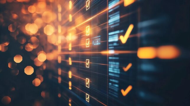 Abstract digital checklist interface with checkmarks and glowing bokeh lights, representing progress, completion, and data processing. - Powered by Adobe