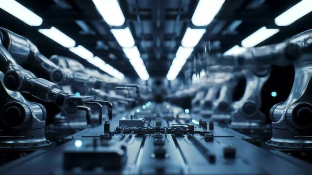High-Tech Manufacturing Facility with Robotic Arms on Assembly Line; Futuristic Automation and Technological Innovation in Advanced Industry Environment