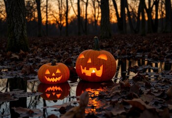 Halloween pumpkins glowing in the woods at sunset  