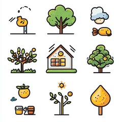 Fototapeta premium Colorful illustrations of plants and trees.