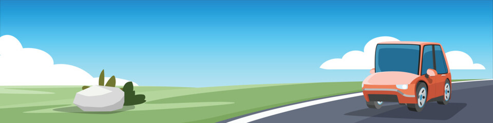 Cartoon lanscape vector of mini car driving on the asphalt road. Wide grasslands and rolling hills. Under blue sky and white clouds.