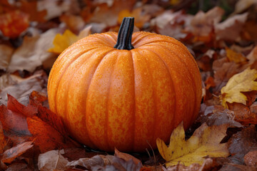Pumpkin on leaves, vivid orange contrast.