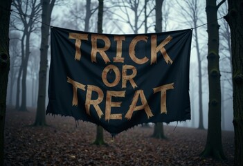 Halloween banner saying "Trick or Treat" in a misty forest  