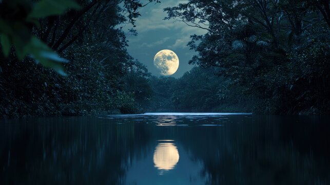 A full moon reflecting on a peaceful river in a dense forest.