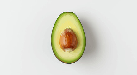 Halved avocado rests on white revealing seed Bright hues depict the fruit