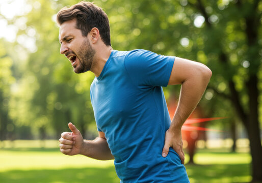 Young man jogging in park suddenly stops and holds his lower back in pain, showing physical strain, spinal discomfort, or injury caused by running or poor movement during workout