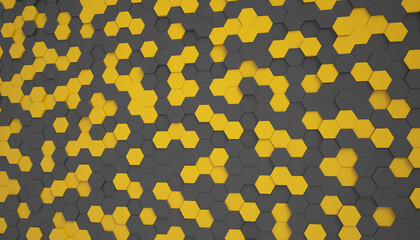 3d rendering of hexagons in black and yellow - abstract background - wallpaper - backdrop.