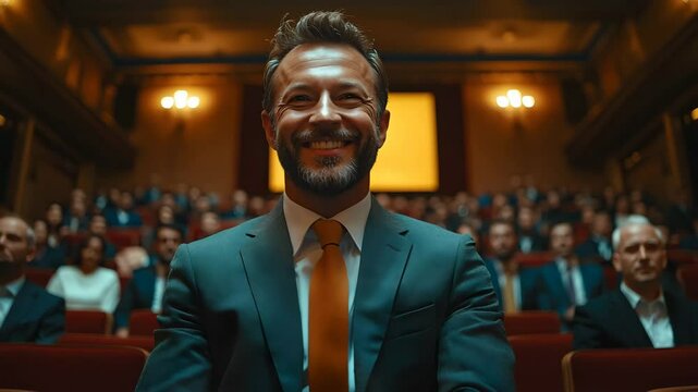 Charismatic business executive delivers compelling speech to a captivated audience