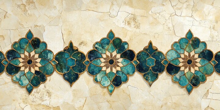 Decorative border features turquoise floral designs against a stone background