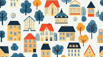 Seamless panoramic background with school buildings in flat style