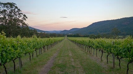 Fototapeta premium Serene Vineyard Rows at Sunset: A Pastoral Landscape Painting
