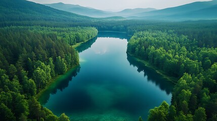 Obraz premium Aerial View of Serene Lake and Lush Forest, A serene aerial view of a lush green forest surrounding a tranquil lake with clear blue water