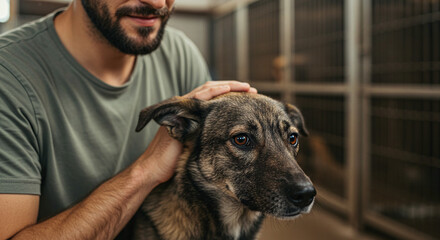 Man Petting Dog Gently Inside Animal Shelter with Warm Lighting