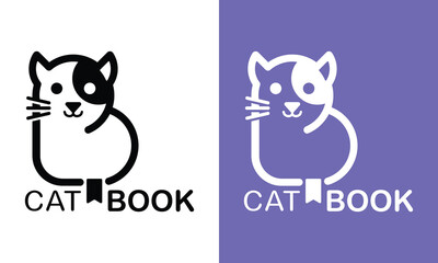 Creative cat logo design featuring a minimalist cat illustration integrated with a book element
