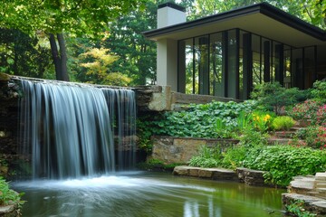 waterfall cascading into a pond near a modern house, set in a tranquil garden with lush greenery and vibrant flowers, creating a peaceful and picturesque landscape
