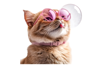 A cat wearing pink sunglasses blowing a bubble isolated on transparent background
