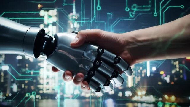 A futuristic encounter: A human hand reaches out to a robotic arm amid a vibrant cityscape filled with illuminated skyscrapers and circuit patterns, symbolizing the blend of technology and humanity.