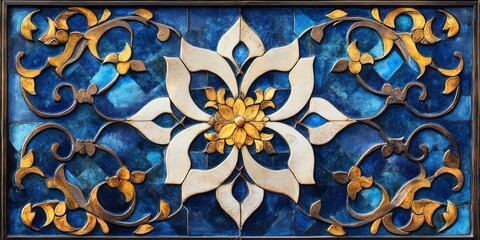 Elaborate floral patterned tile work exhibits striking blue and gold