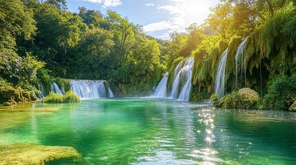 Obraz premium Serene Waterfall Paradise: Lush Greenery, Cascading Water, and Sunlit Tranquility