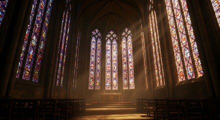 Obraz premium Sunlit Gothic Chapel: A Breathtaking View of Stained Glass and Divine Light