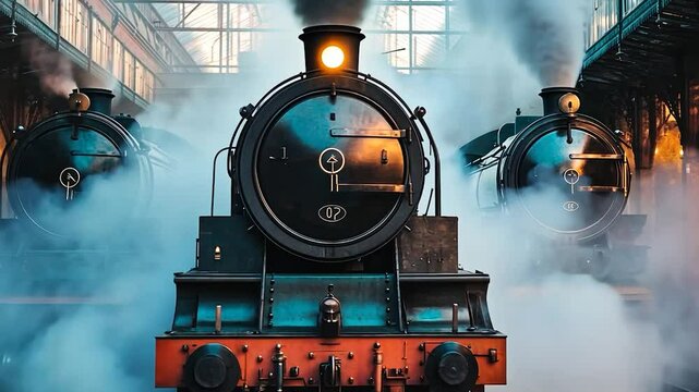 Vintage steam trains in a station