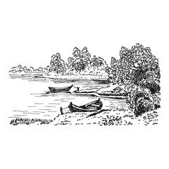 Boat on shore. Hand drawn vector illustration.