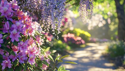  blooming rhododendrons and wisteria flowers along a romantic pathway in a park, highlighting their vibrant colors and delicate textures, with soft sunlight enhancing the enchanting atmosphere