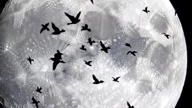 A Majestic Moonlit Night: Silhouetted Birds Flying Against a Large Full Moon in a Beautiful Celestial Display