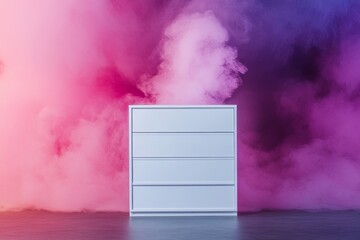 Empty white dresser in vibrant smoke
