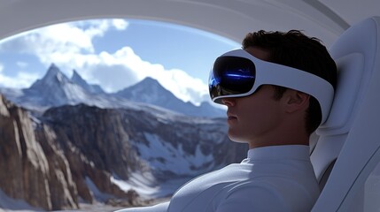 Man experiences virtual reality of snowy mountains.