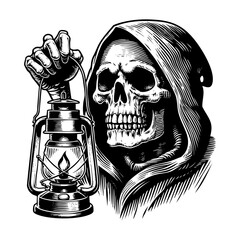 Grim reaper holding lantern sketch engraving black and white outline. Scratch board imitation.