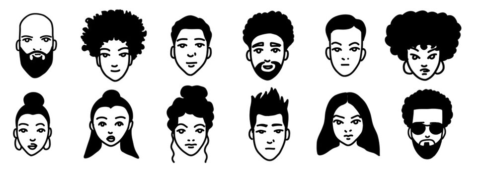 Funny avatars set. Hand drawn Face Placeholders icons. Vector Doodle Male and female images for user profile for social networks, resumes, forums and dating sites. linear
