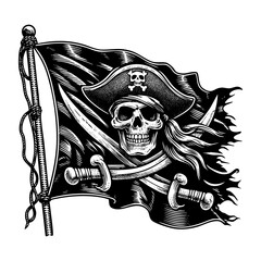 Pirate flag waving sketch engraving black and white outline. Scratch board imitation.  illustrated in vintage line art style on a white background.