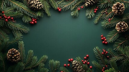 Christmas background with pine branches, cones, and berries on a dark green color background