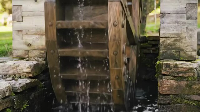 A Close-Up of a Rustic Water Wheel in Motion Surrounded by Lush Greenery, Capturing the Serenity and Charm of Nature's Flowing Water Feature
