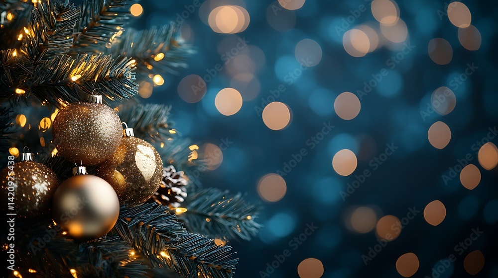Poster christmas tree with lights on a blue background with bokeh and copy space for text, closeup. christm